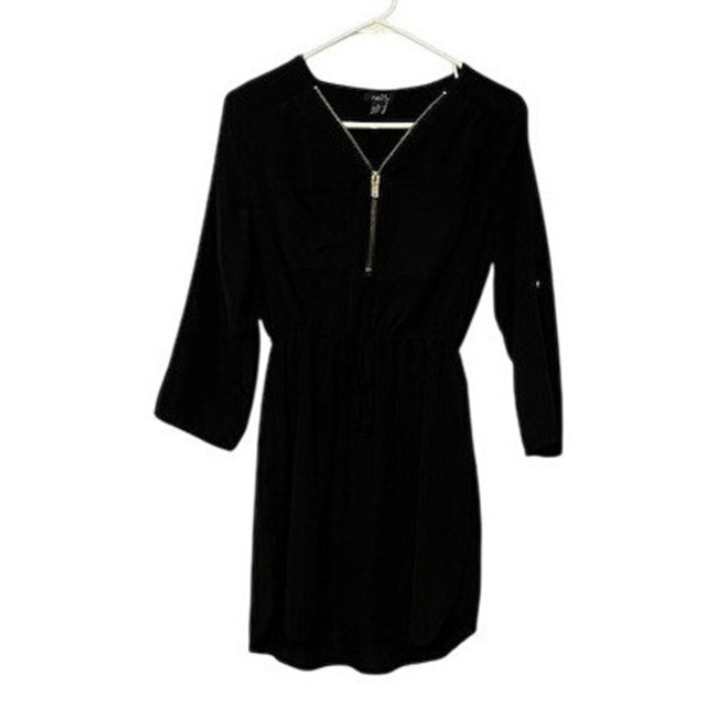 Rue21 Womens Black Long Sleeve V-Neck Zip Front Mini Dress Elastic Waist Small